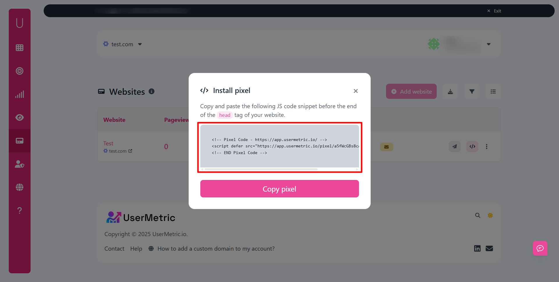 Installing/copying UserMetric Tracking Pixel