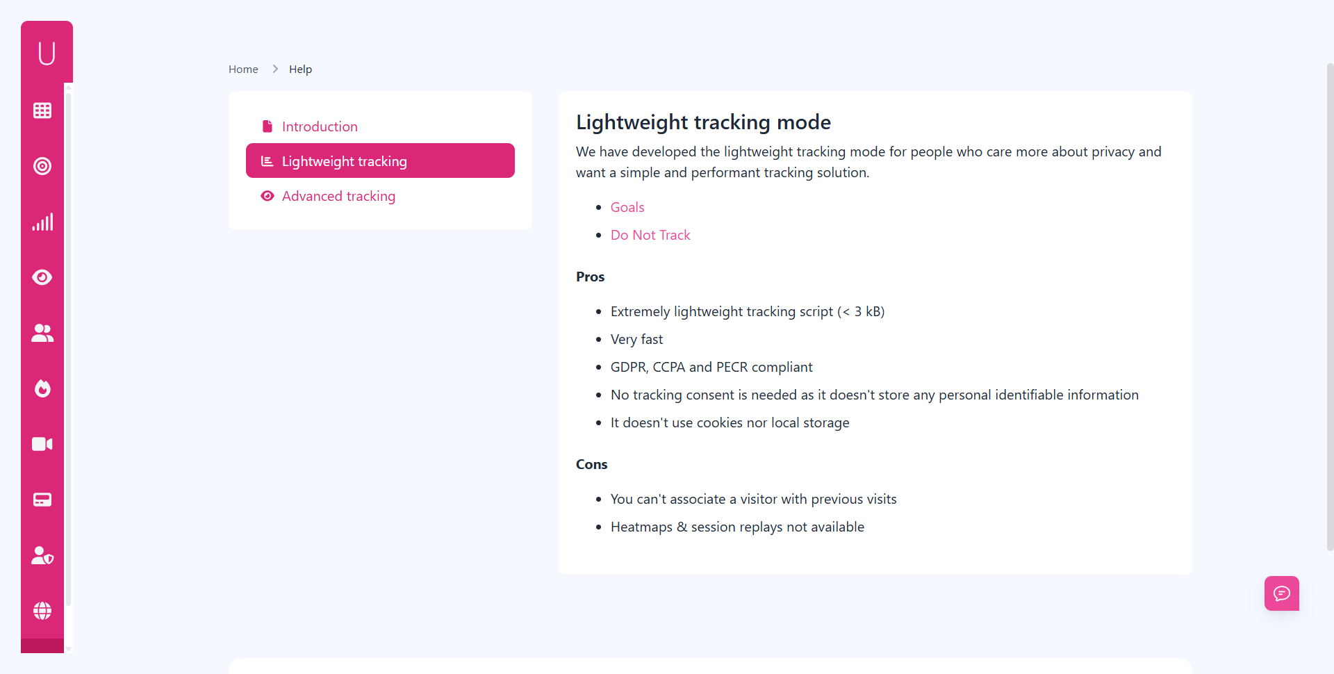 Lightweight Tracking Mode Help UserMetric