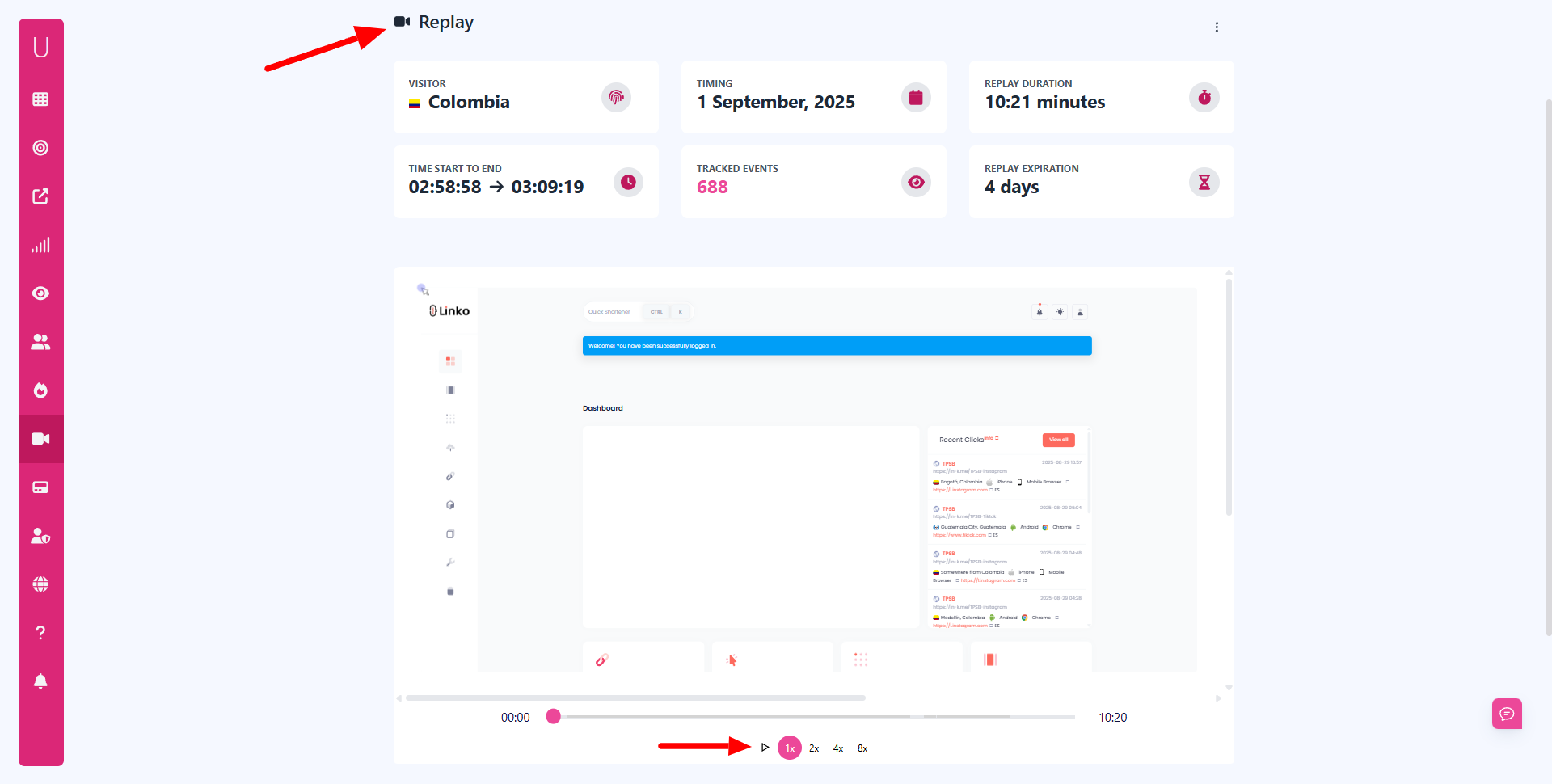 Viewing a Session Replay Stats at UserMetric